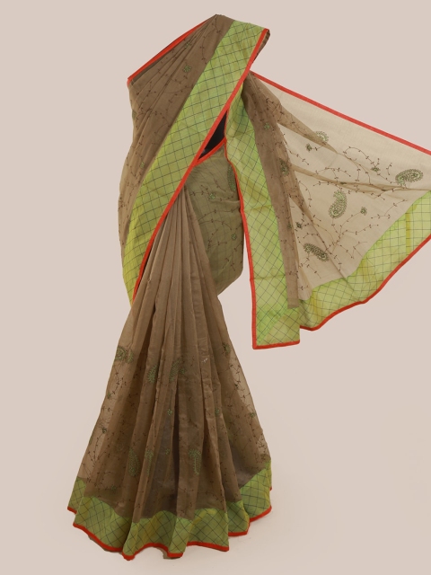 

Pothys Olive Green & Green Supernet Embroidered Saree