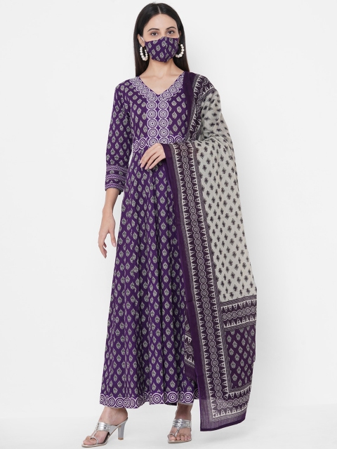

FASHOR Women Purple Geometric Printed Anarkali Kurta with Mask