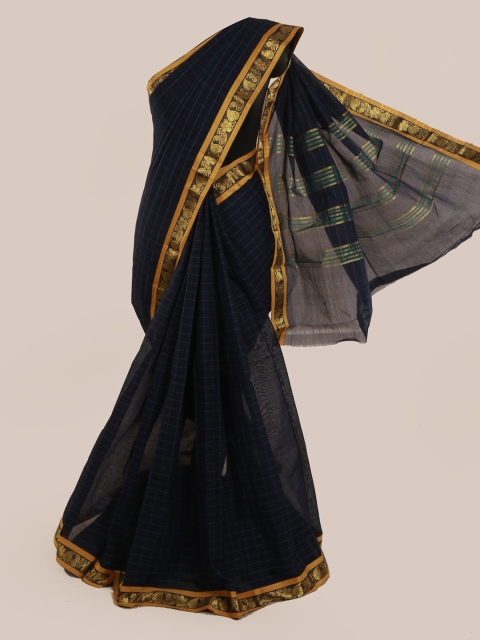 

Pothys Navy Blue & Gold-Toned Pure Cotton Checked Saree