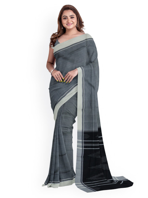 

APCO Grey & Black Pure Cotton Solid Handloom Saree