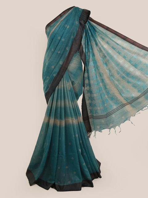 

Pothys Teal Blue & Brown Linen Blend Dyed Saree