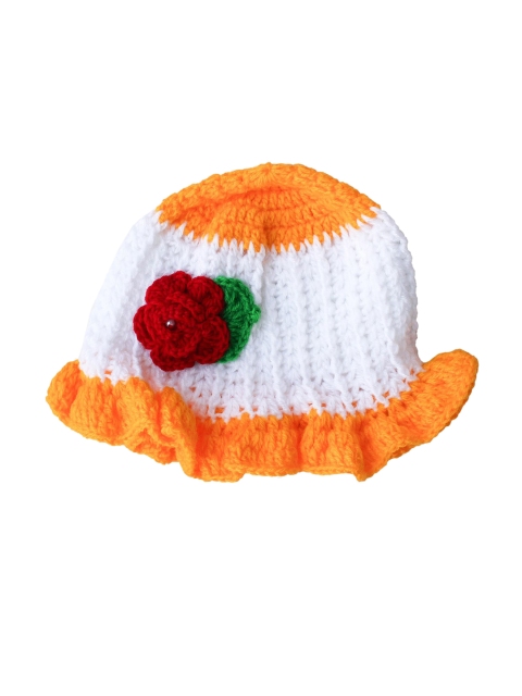 

Woonie Unisex Kids White & Orange Self Design Acrylic Wool Beanie