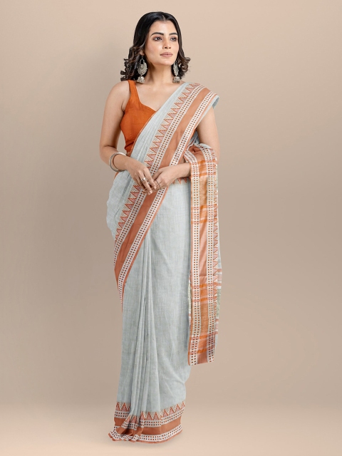 

BharatSthali Grey & Orange Pure Cotton Woven Design Maheshwari Saree