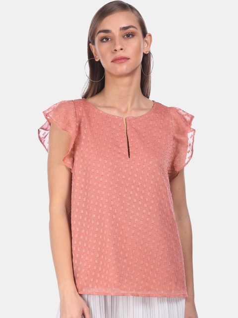 

GAP Women Light Pink Flutter Sleeve Patterned Weave Top
