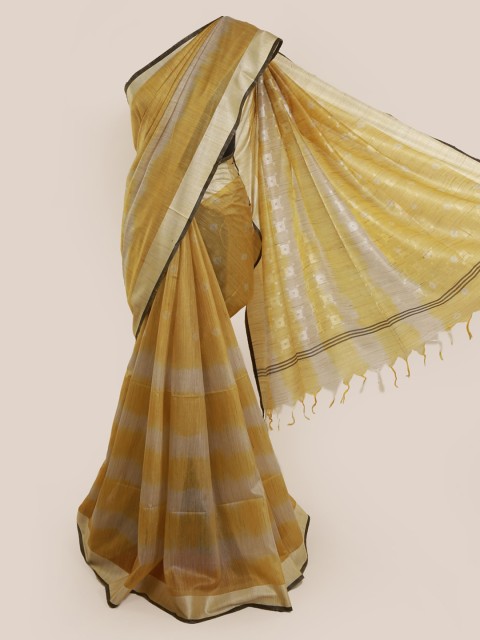 

Pothys Mustard Printed Linen Blend Saree With Tasseled Pallu