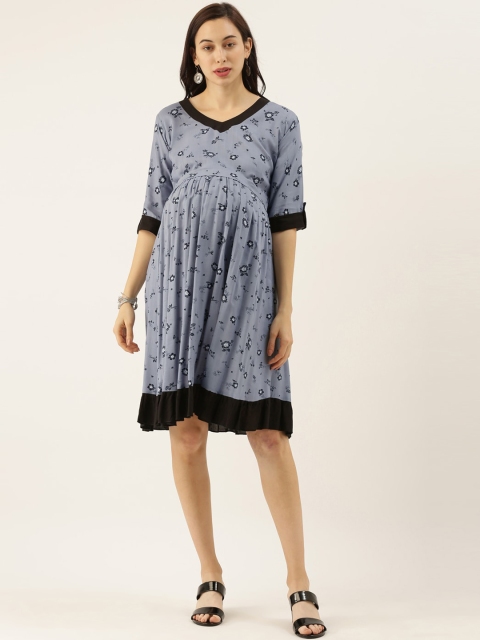 

GOLDSTROMS Women Blue Floral Printed Fit and Flare Maternity Dress