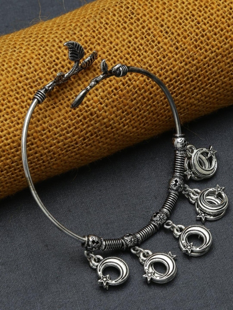 

ZeroKaata Adjustable Oxidized Silver Bracelet with Flowers set in Hearts Charms