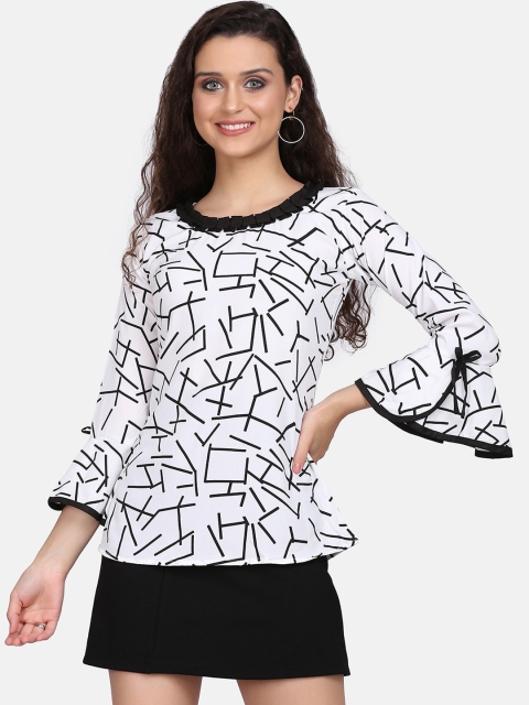 

Clothzy White & Black Geometric Printed Flared Sleeves Crepe Regular Top