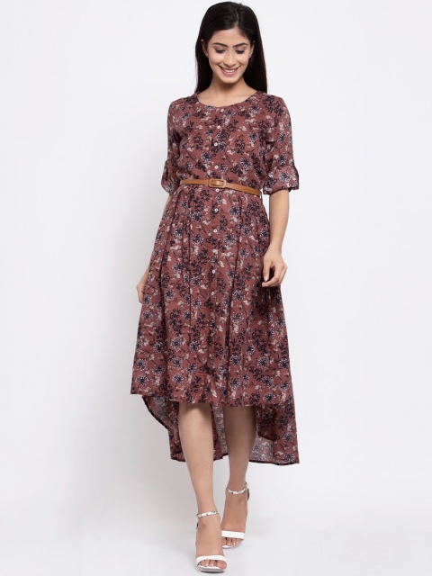 

TERQUOIS Women Pink & Charcoal Grey Floral Printed Fit and Flare Dress