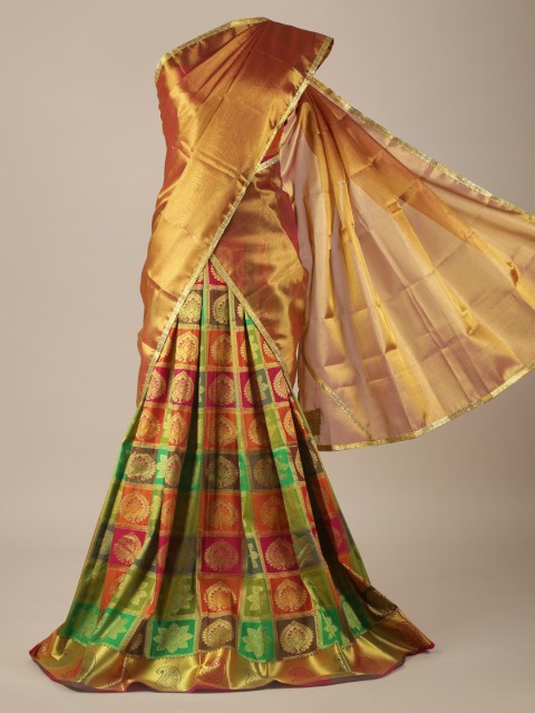 

Pothys Gold-Toned & Green Tissue Checked Traditional Half Saree