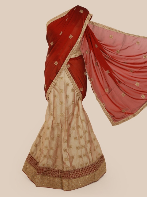 

Pothys Red & Gold-Toned Poly Chiffon Embroidered Saree