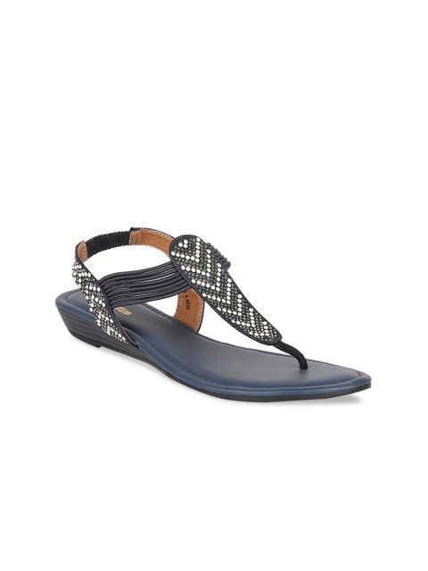 

Bata Women Navy Blue Embellished PU T-Strap Flats