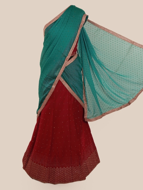 

Pothys Green & Maroon Poly Chiffon Embellished Lehenga Saree