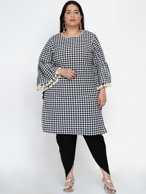 

Fabnest Curve Women Black Checked Flared Sleeves Thread Work Kurta