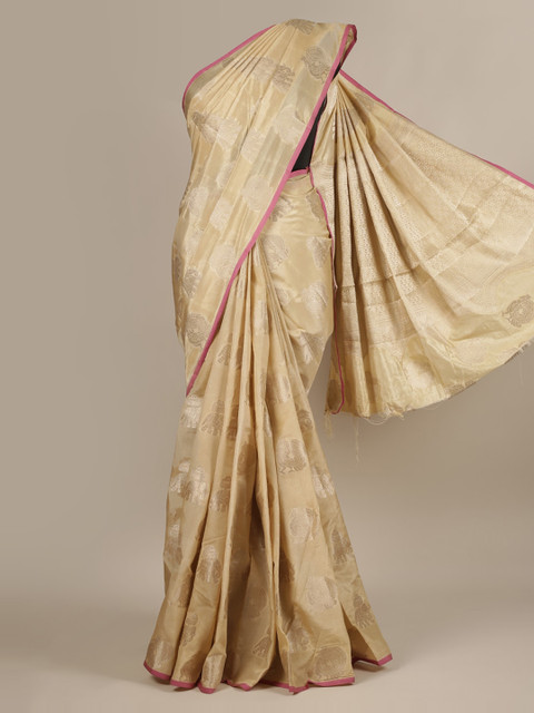 

Pothys Cream-Coloured & Gold-Toned Jute Silk Woven Design Saree