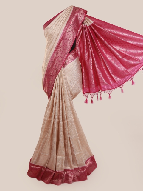 

Pothys Cream-Coloured & Magenta Linen Blend Woven Design Saree