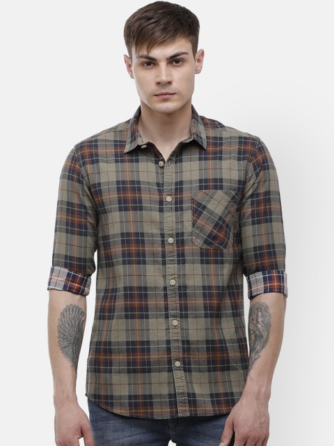 

Voi Jeans Men Olive Green & Navy Blue Slim Fit Checked Cotton Casual Shirt