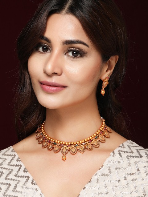 Rubans 24 K Gold-Plated Red & Green Ruby Stone-Studded & Beaded Handcrafted Jewellery Set