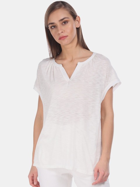 

GAP Women White Notch Round Neck Solid Top