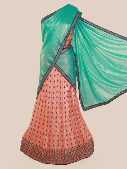 

Pothys Green & Peach-Coloured Poly Chiffon Embellished Traditional Half Saree