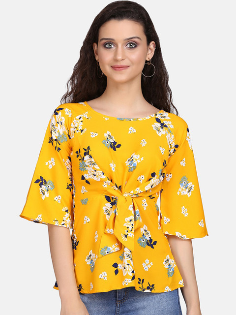 

Clothzy Yellow & White Floral Printed Flared Sleeves Crepe Cinched Waist Top