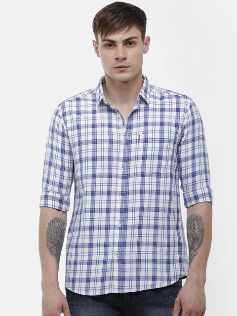 

Voi Jeans Men White & Navy Blue Slim Fit Checked Cotton Casual Shirt
