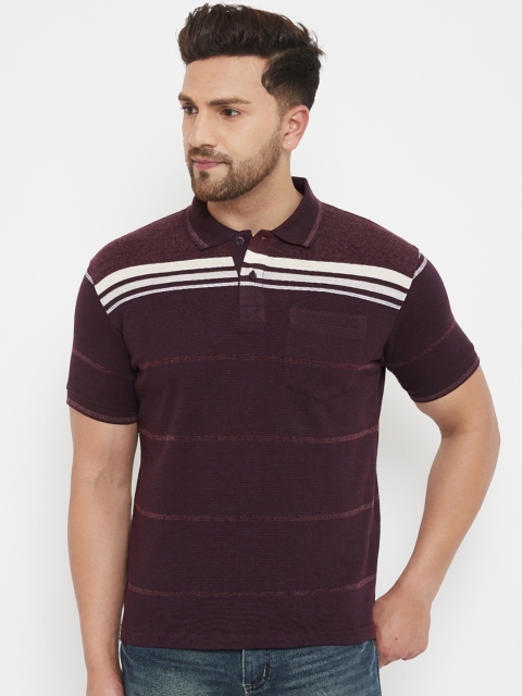 

HALTON HILLS Men Coffee Brown Striped Cotton Polo Collar T-shirt