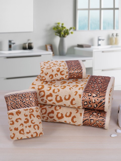 

RANGOLI Unisex Set Of 4 Beige & Brown Printed 540 GSM Towels, Gold
