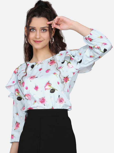 

Clothzy Turquoise Blue & Pink Floral Printed Cold-Shoulder Sleeves Crepe Regular Top