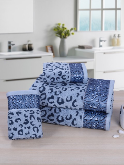 

RANGOLI Set Of 4 Blue Leopard Printed Jacquard 540 GSM Cotton Towel Set
