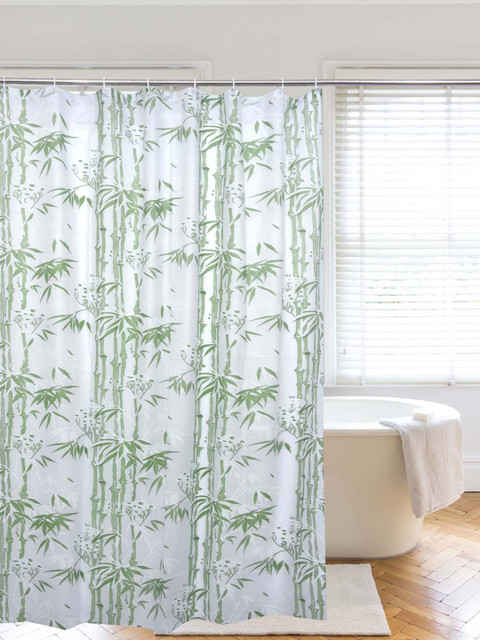 

Clasiko White & Green PVC Plastic Shower Curtain With Hooks