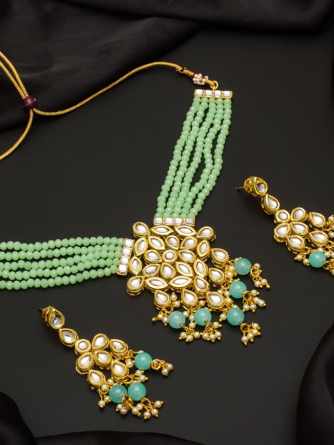 

aadita Gold-Plated White & Green Kundan-Studded & Beaded Handcrafted Jewellery Set