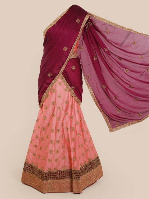 

Pothys Maroon & Peach-Coloured Poly Chiffon Embellished Lehenga Saree