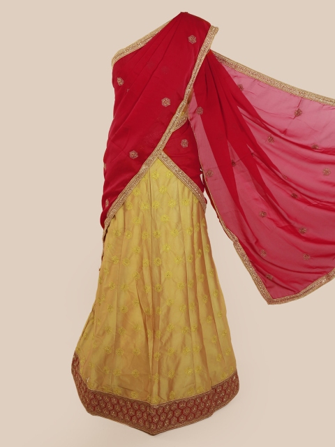 

Pothys Maroon & Yellow Poly Chiffon Embroidered Traditional Half Saree