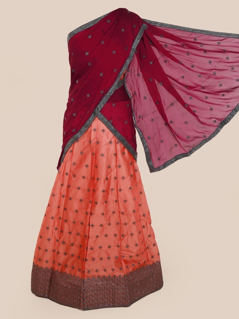 

Pothys Magenta & Peach-Coloured Poly Chiffon Embellished Saree