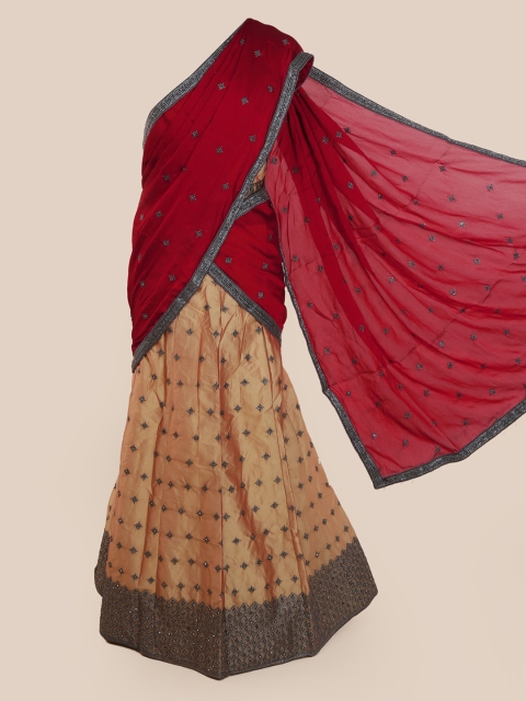 

Pothys Maroon & Cream-Coloured Poly Chiffon Embellished Traditional Half Saree