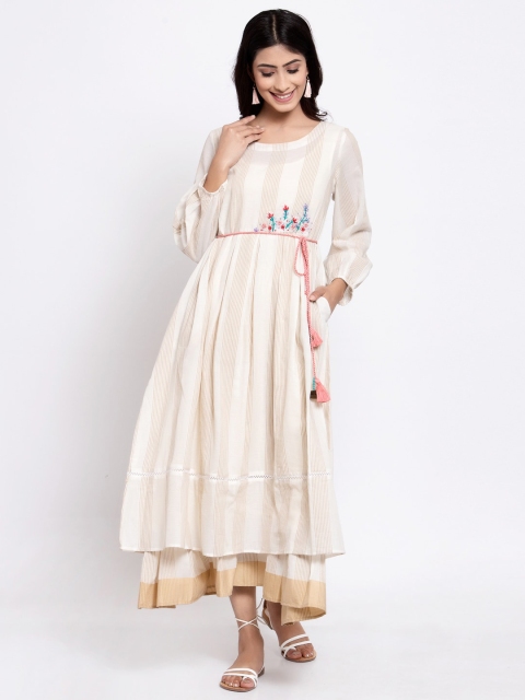 

TERQUOIS Women Beige Striped Cotton Layered Maxi Dress