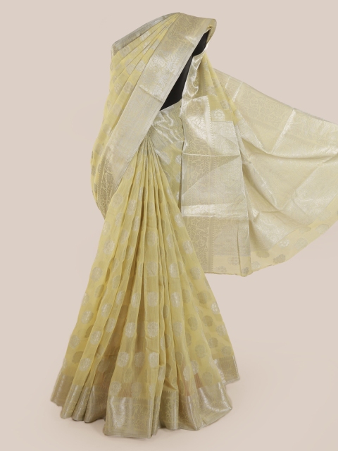 

Pothys Yellow & Silver-Toned Cotton Blend Woven Design Chanderi Saree