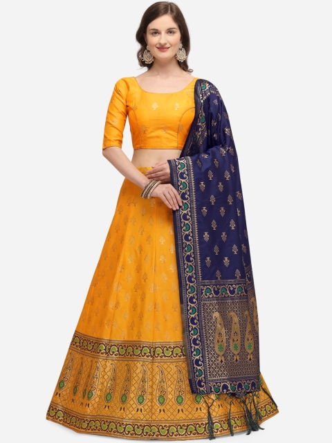 

JATRIQQ Yellow & Navy Blue Woven Design Semi-Stitched Lehenga & Unstitched Blouse with Dupatta