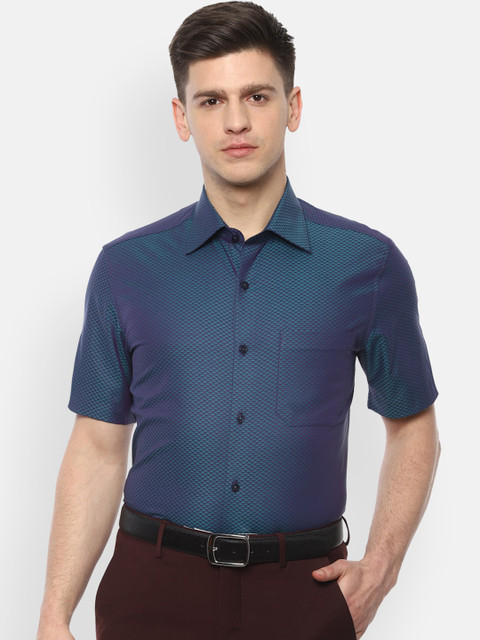 

Louis Philippe Men Navy Blue & Sea Green Regular Fit Self Design Cotton Formal Shirt