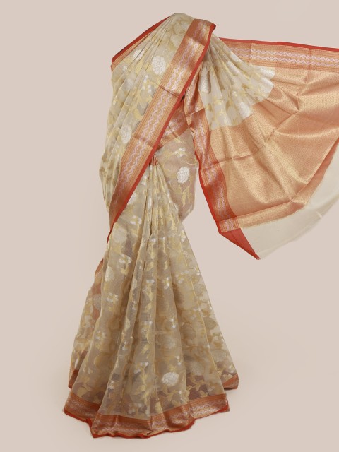 

Pothys Cream-Coloured & Red Supernet Woven Design Saree