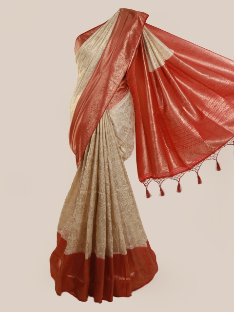 

Pothys Cream-Coloured & Red Linen Blend Woven Design Saree
