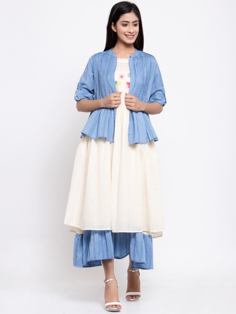 

TERQUOIS Women Blue & White Solid Cotton Layered Maxi Dress