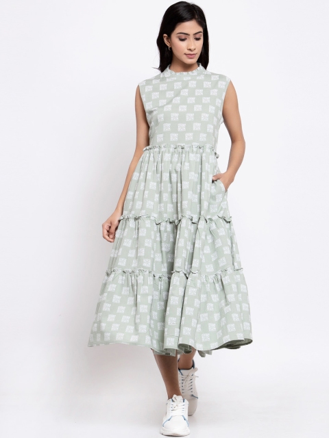 

TERQUOIS Women Green Printed Cotton Fit and Flare Dress
