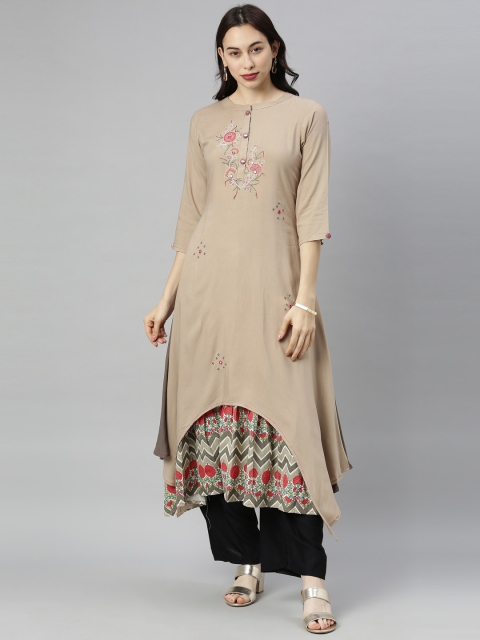 

Neerus Women Beige Floral Embroidered Kurta