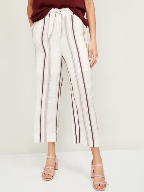 

CODE by Lifestyle Women Off-White & Maroon Striped Parallel Trousers