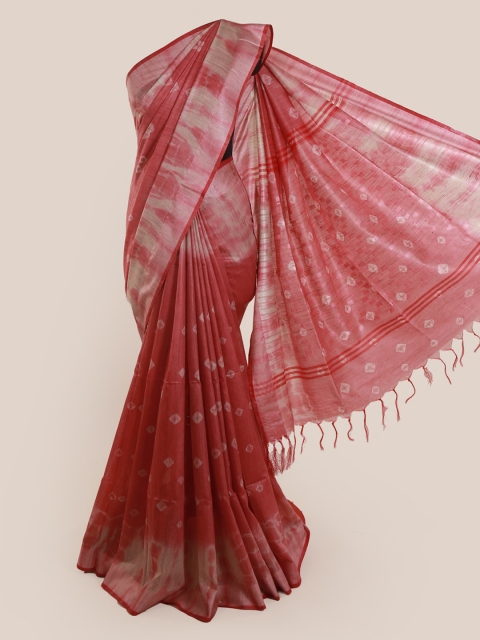 

Pothys Peach-Coloured & Off-White Linen Blend Dyed Bandhani Saree