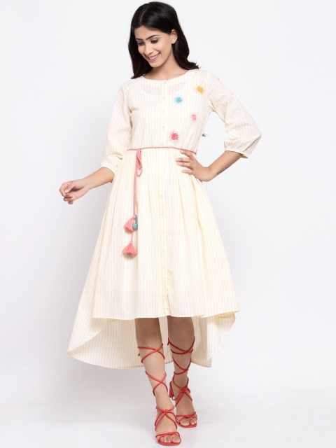 

TERQUOIS Women Yellow Striped Fit and Flare Dress