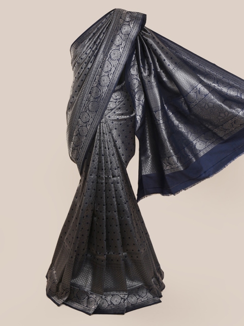 

Pothys Navy Blue & Silver-Coloured Linen Blend Woven Design Saree
