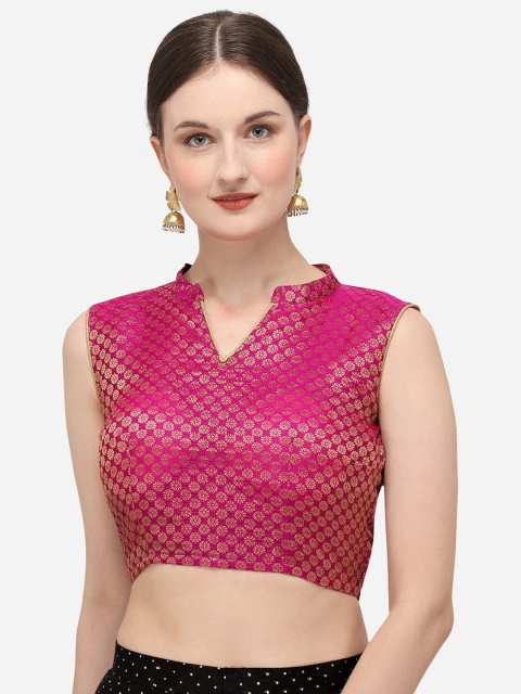Nanda Silk Mills Women Pink & Gold-Coloured Chanderi Silk Woven-Design Saree Blouse
